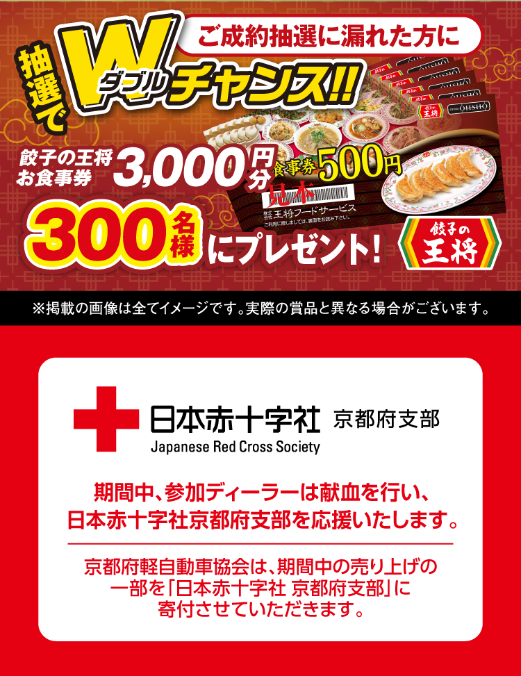 さらに抽選に漏れた方にWチャンス！餃子の王将3000円分のお食事券を抽選で300名様にプレゼント！